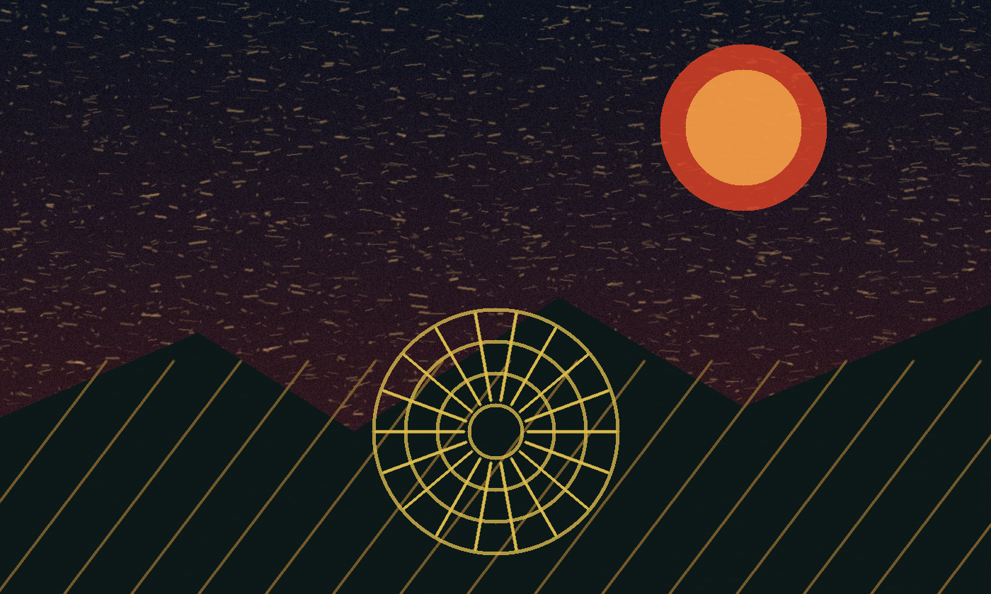 Gold crop-circle signal beneath a red moon in a dark fictional field.