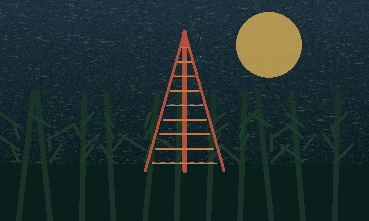 Orange radio tower transmitting through a dark fictional swamp under a yellow moon.